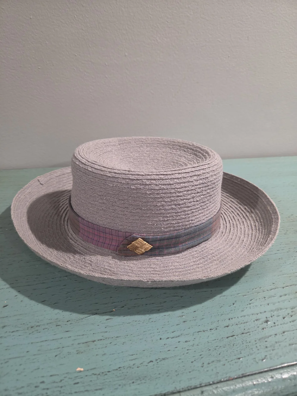August Hats Gray Hemp Blend Plaid Band Boater Hat